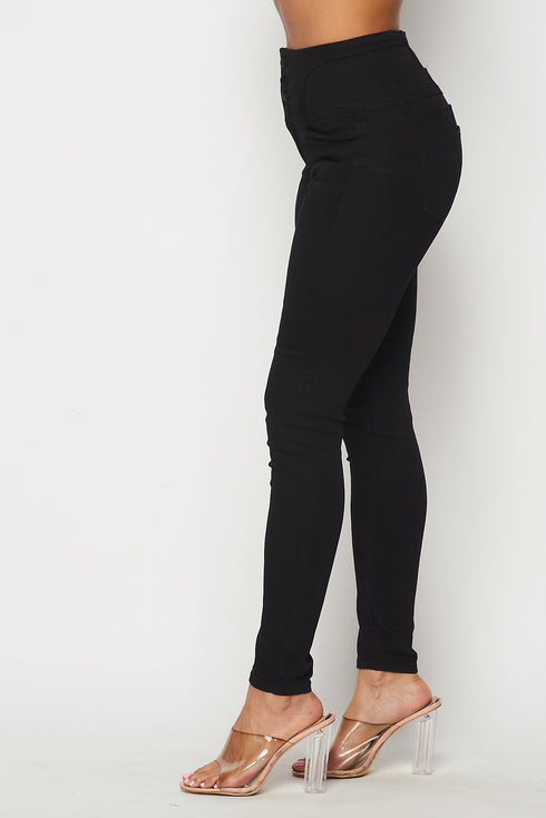 4 Button Super High Waisted Denim Skinny Jeans - Black - SohoGirl.com